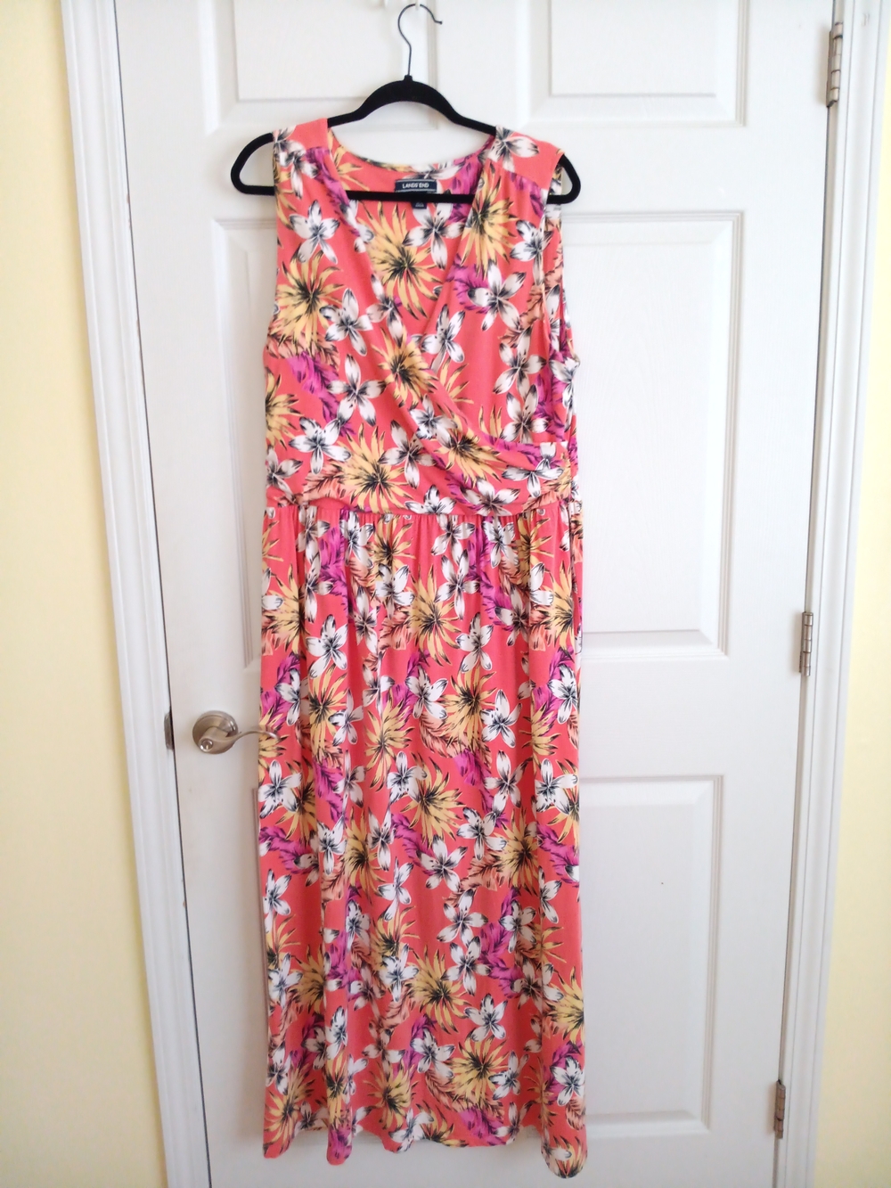 Lands' End Floral Sleeveless Faux Wrap Maxi Dress Coral Pink Size L Large 14-16